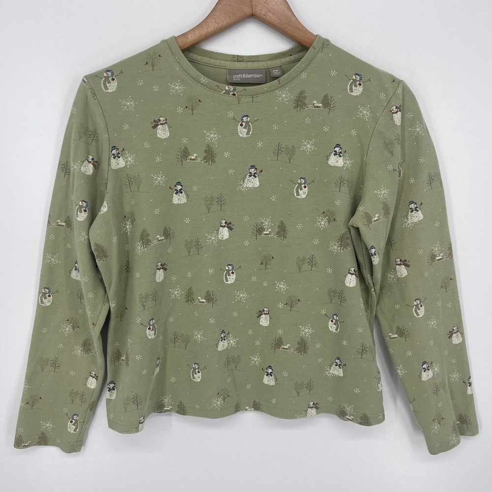 Croft & Barrow Petite Womens Sage Green Snowman Winter Print Long Sleeve Top PM